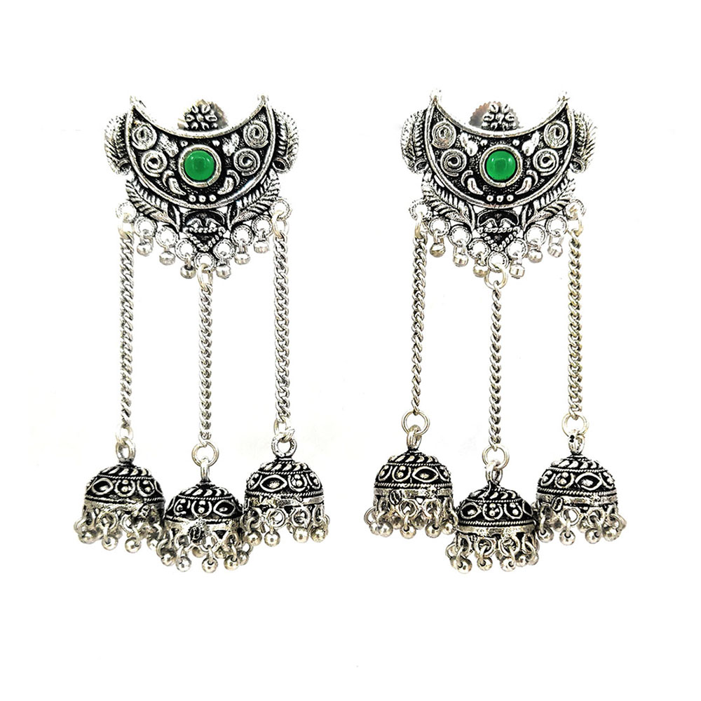 White Green Pearl German Silver Oxidised Earrings | FashionCrab.com