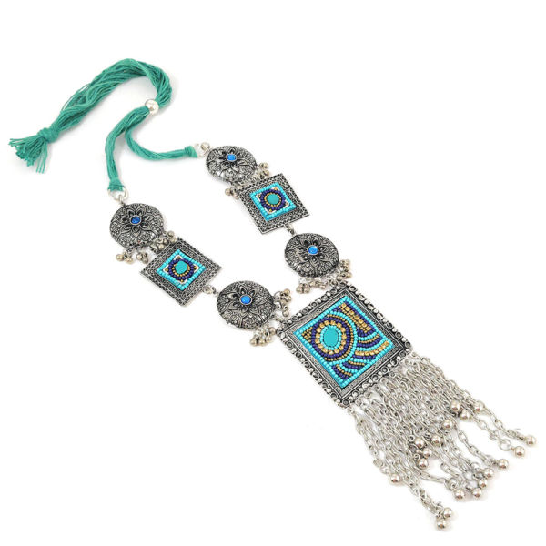 Blue Beads Oxidised Long Necklace with Hanging Chain Tassels