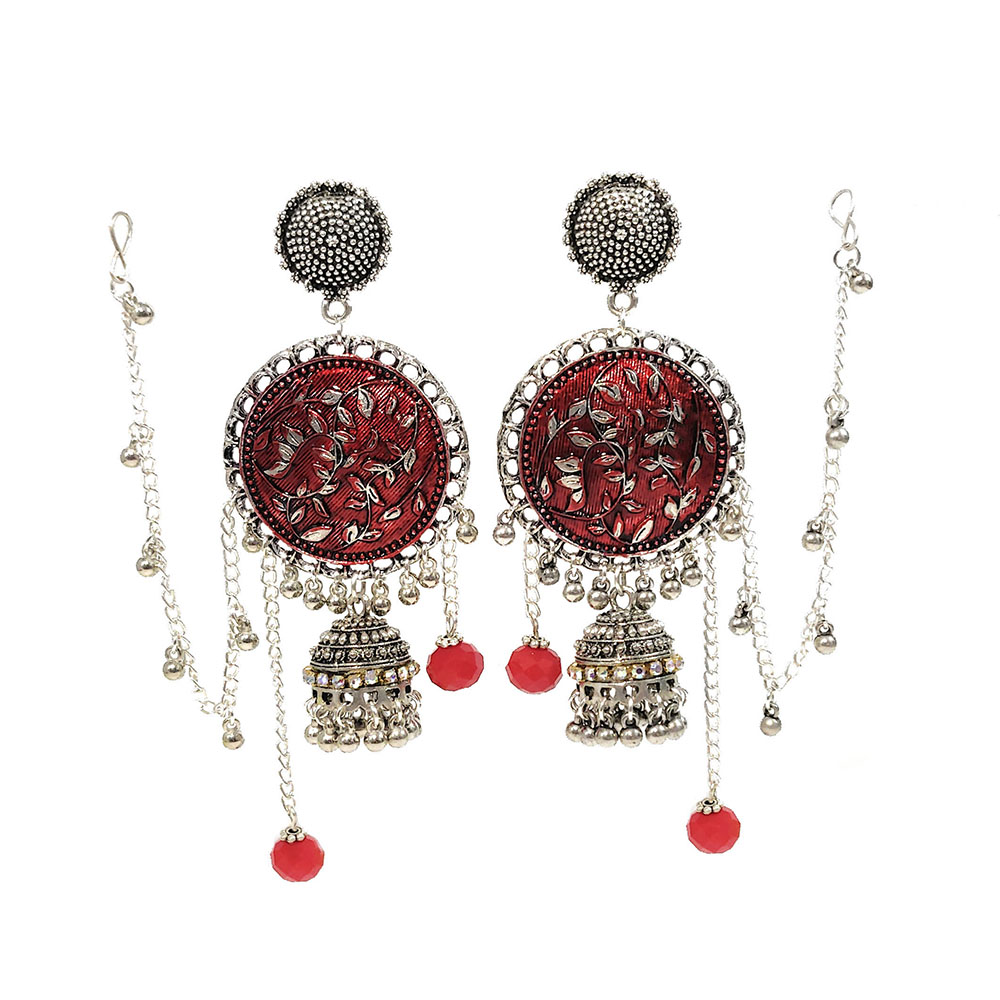 Bahubali Style Meenakari Earrings with Chain and Hanging Beads Gifts